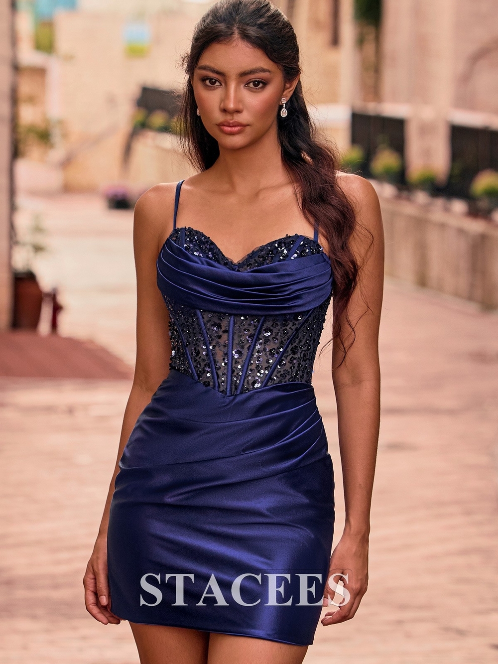 Stacees Navy Satin Lace-Up Corset Back Prom Dress
